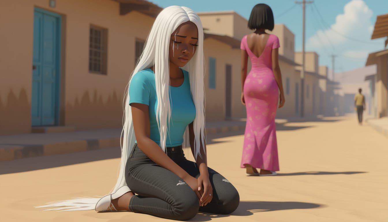 Sad African Woman Kneeling in Jeans and T-shirt