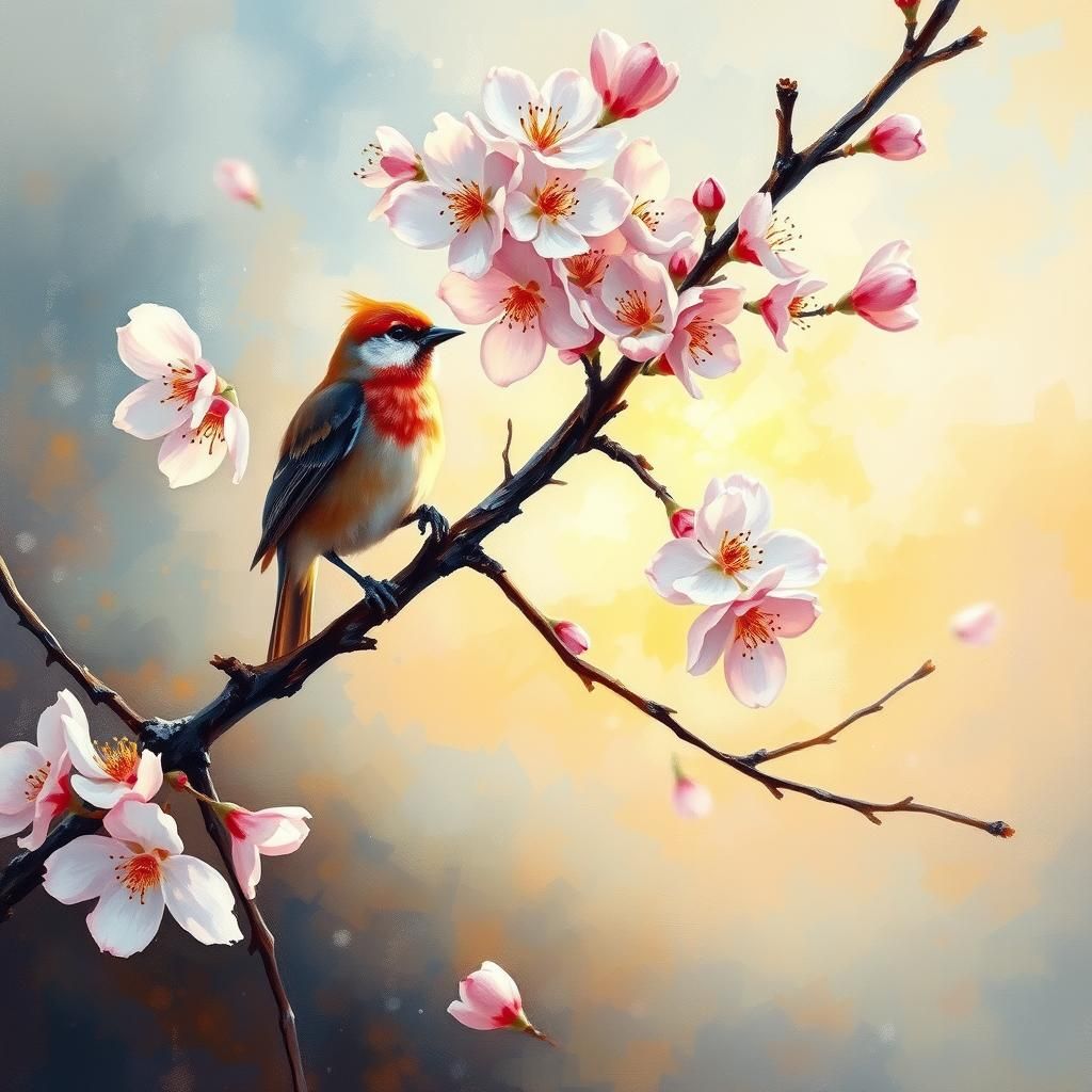 Cherry Blossoms in Golden Hour, Expressive Oil Painting