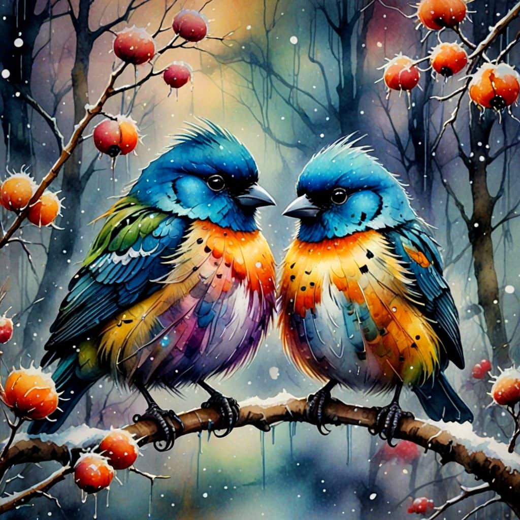 Vibrant Punk Birds in Winter Watercolor
