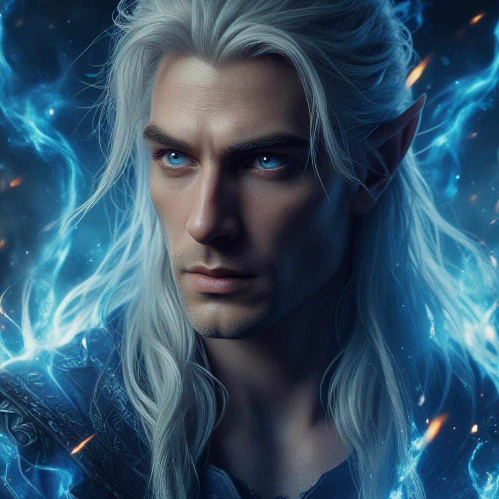 Powerful Male Figure Dominates with Fiery Blue Flames