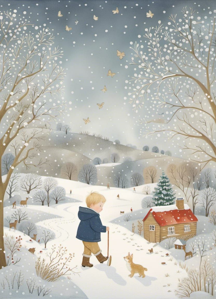 Cute blonde toddler boy in snow