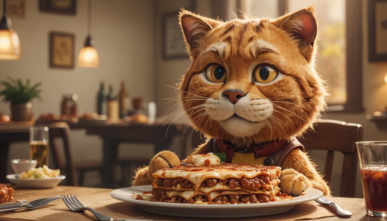 Garfield Eating Lasagna in Whimsical Illustration Style