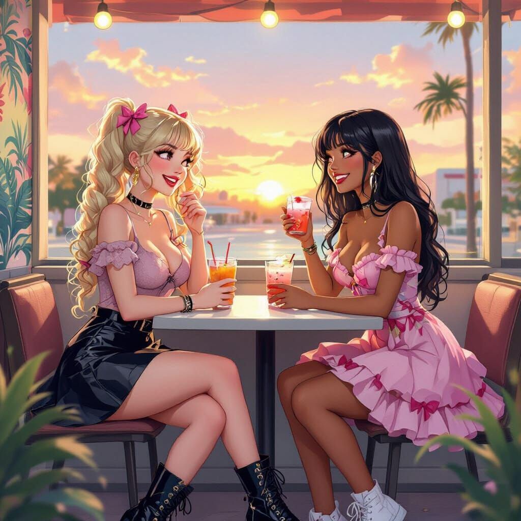 Anime Style Cafe Scene with Two Young Women