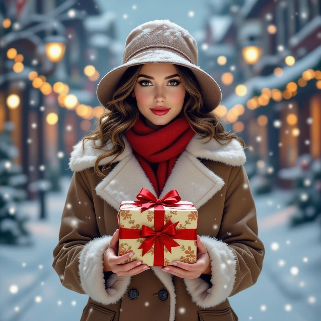 Vintage Winter Portrait with Gift in Matte Style