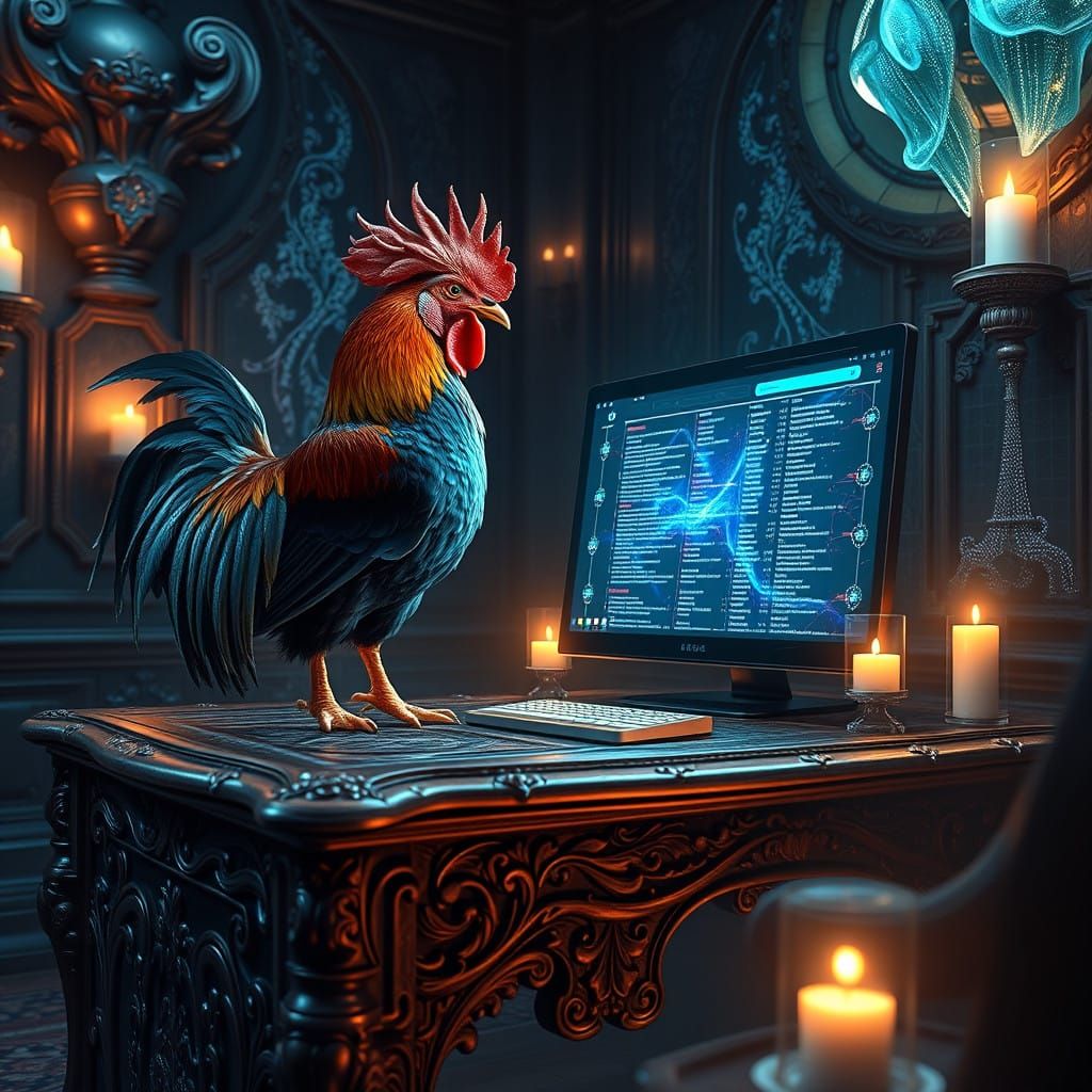 Rooster is looking at data logs on computer