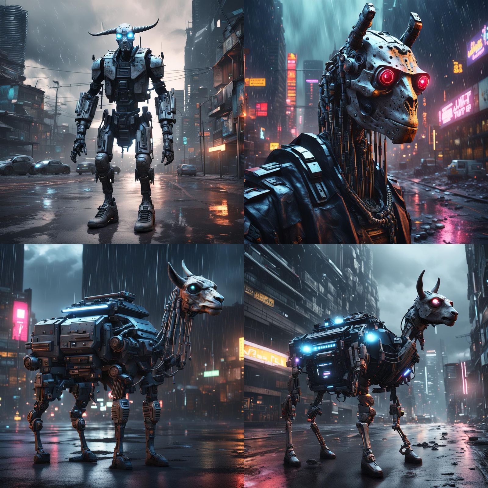 Cyberpunk Llama Terminator in Thunderstorm, 4K 3D Render