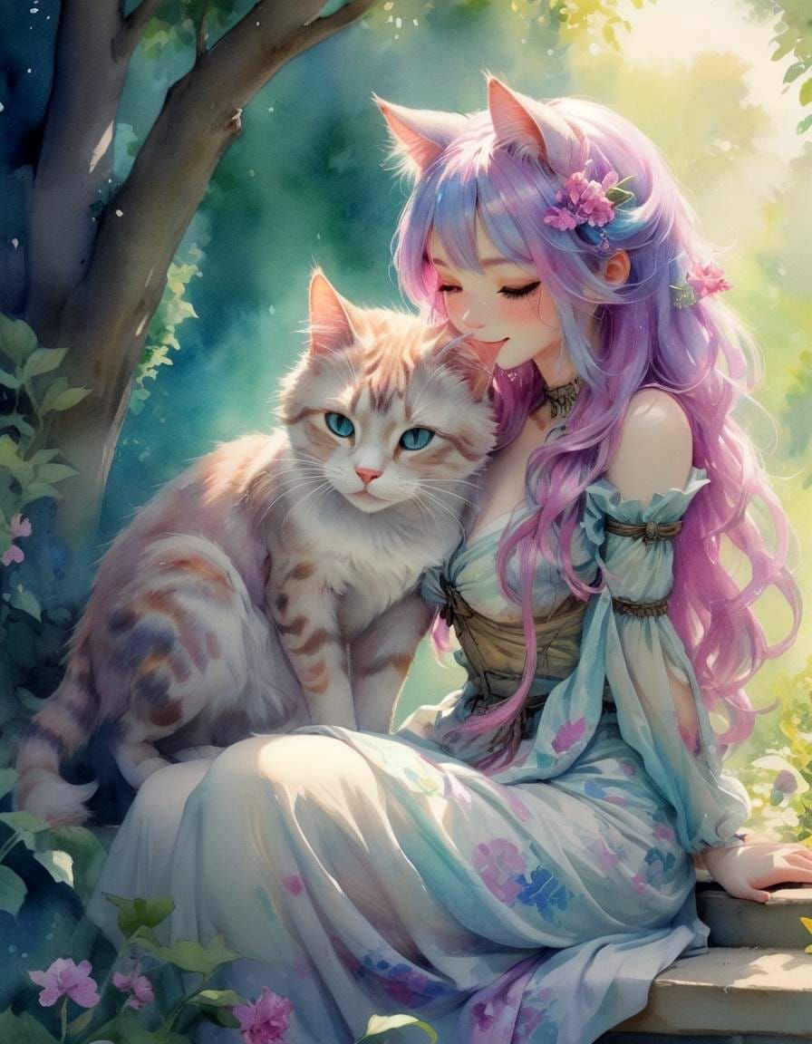 Hyperdetailed Watercolour Catgirl in Garden Scenery