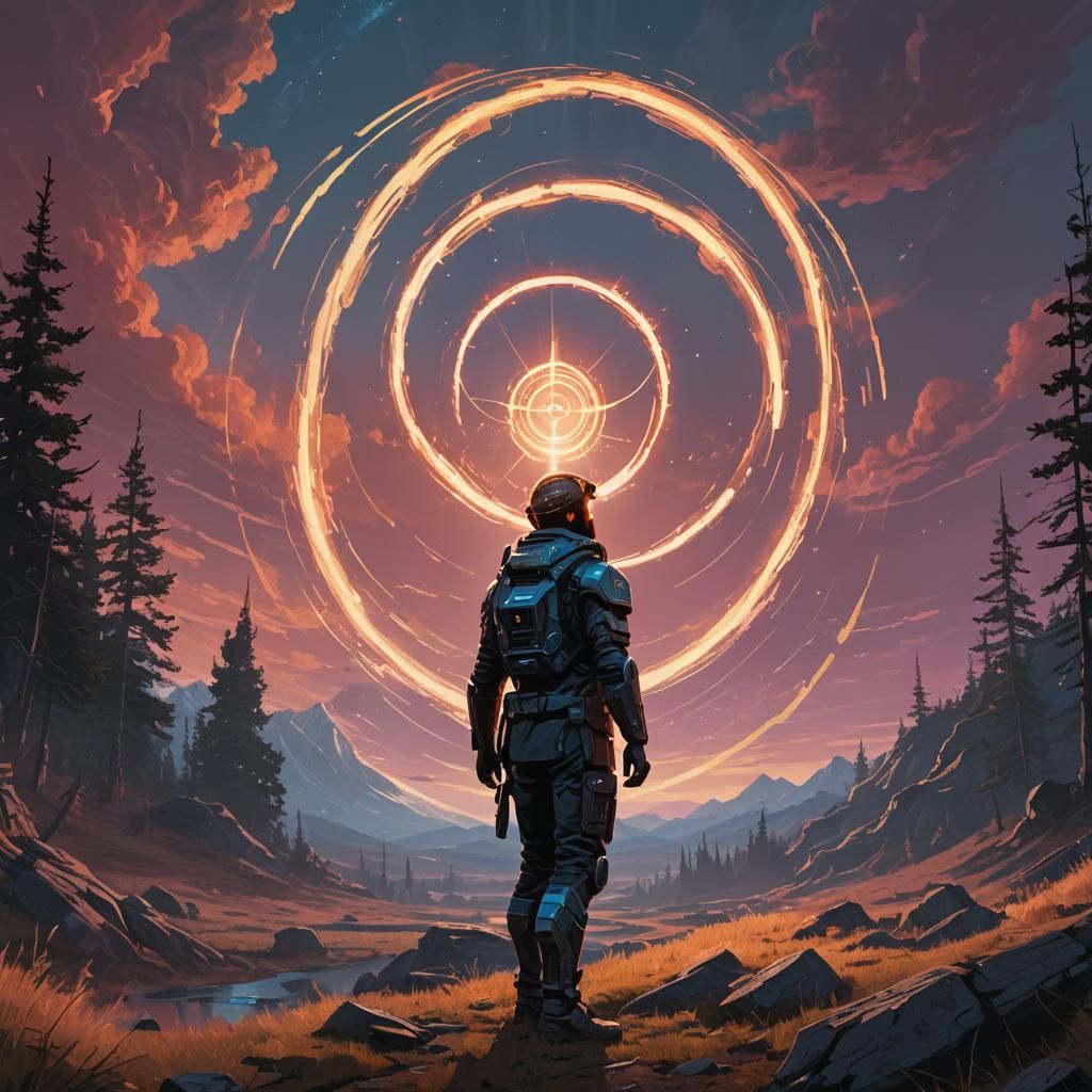 Heroic Figure with Halo in Fantasy Landscape