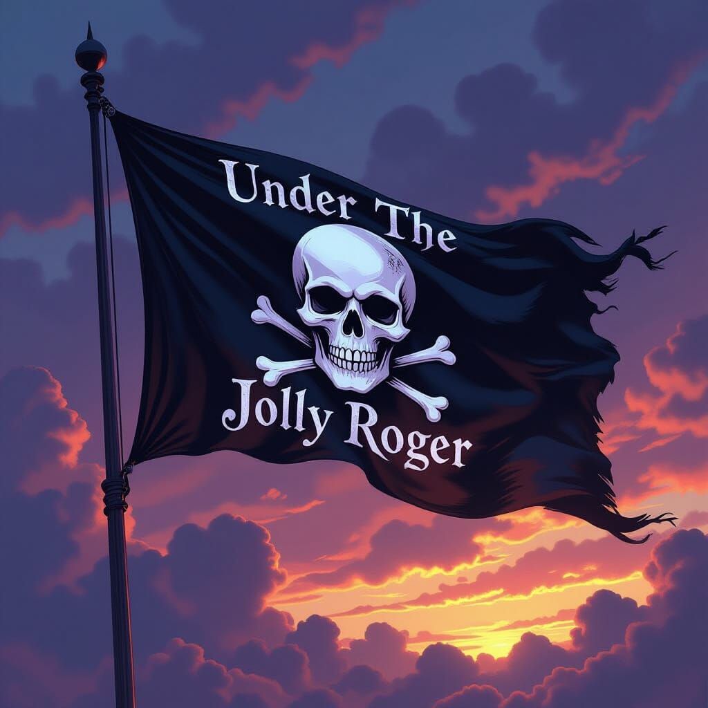 Black Pirate Flag With Skull and Crossbones Flying in Wind