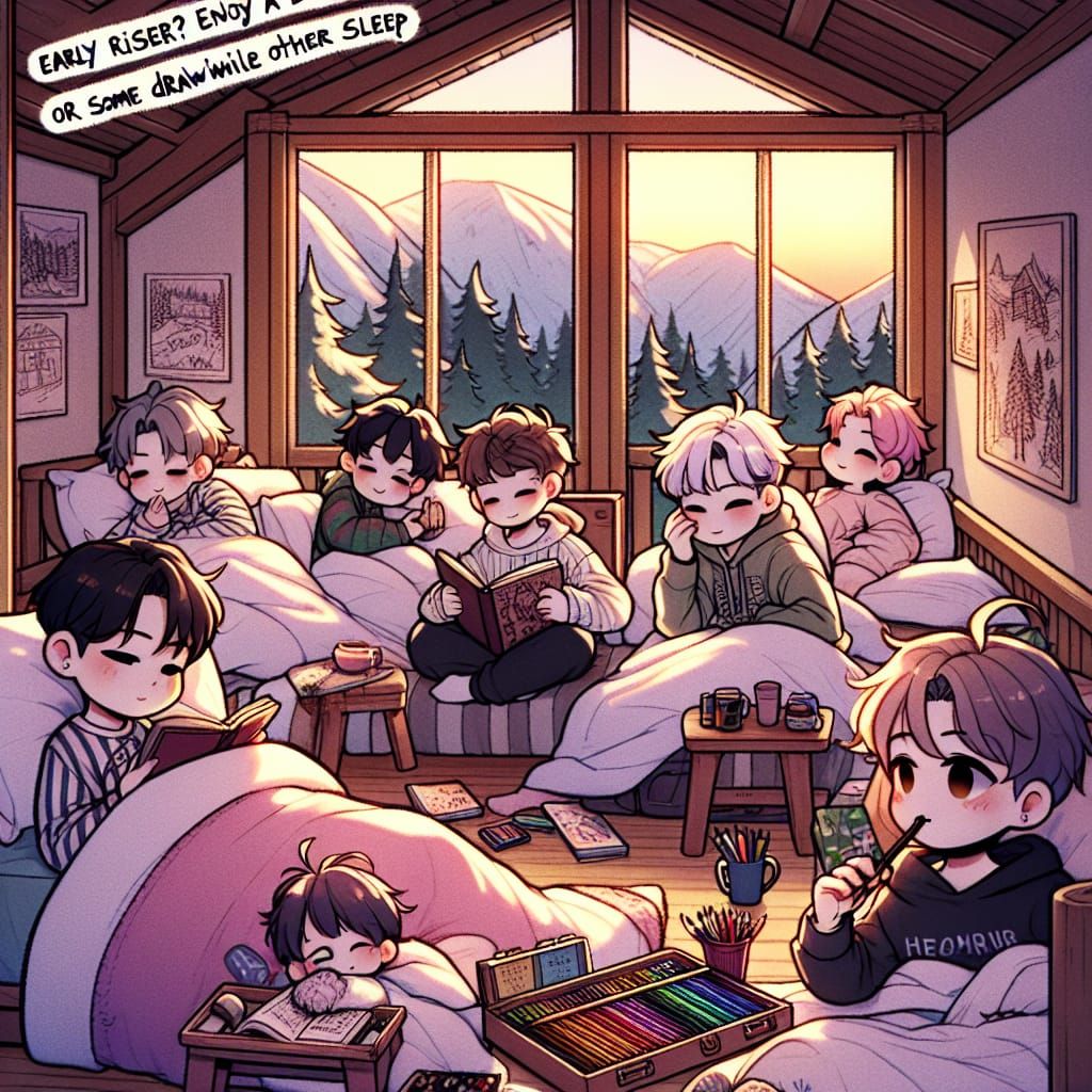 Chibi Teens in Cozy Cabin at Dawn