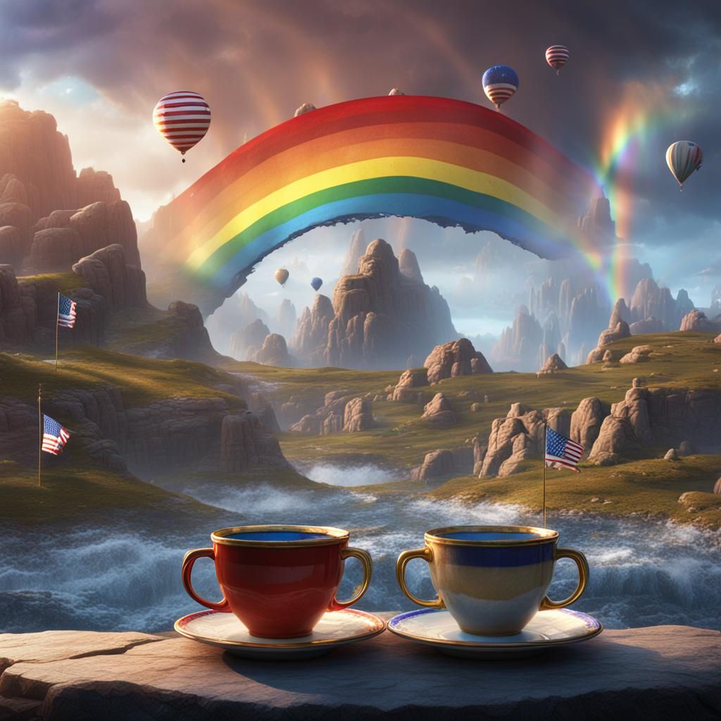 American Flags and Rainbow Over Ten Cups