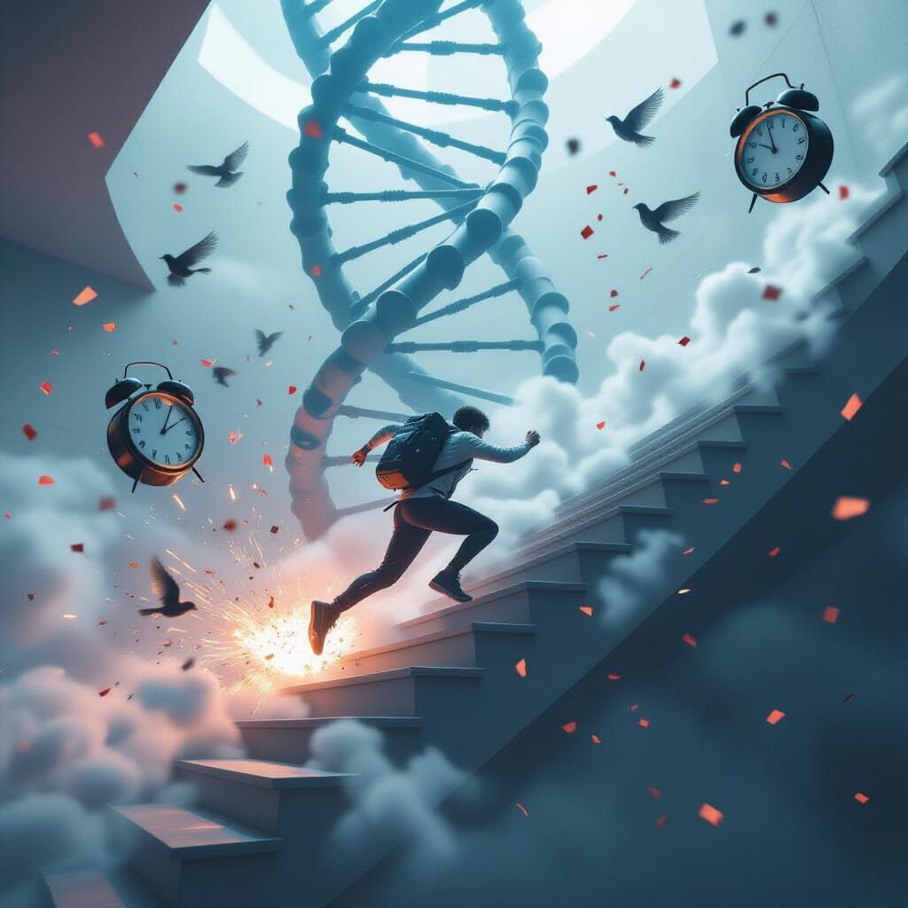 Surreal Chase Scene with Exploding Clocks