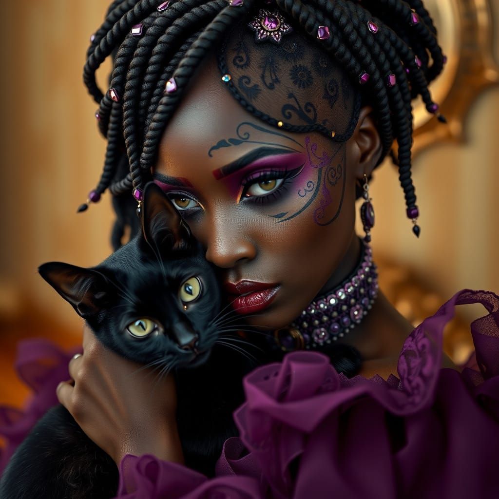 Ethereal African Gothic Beauty with Feline Companion