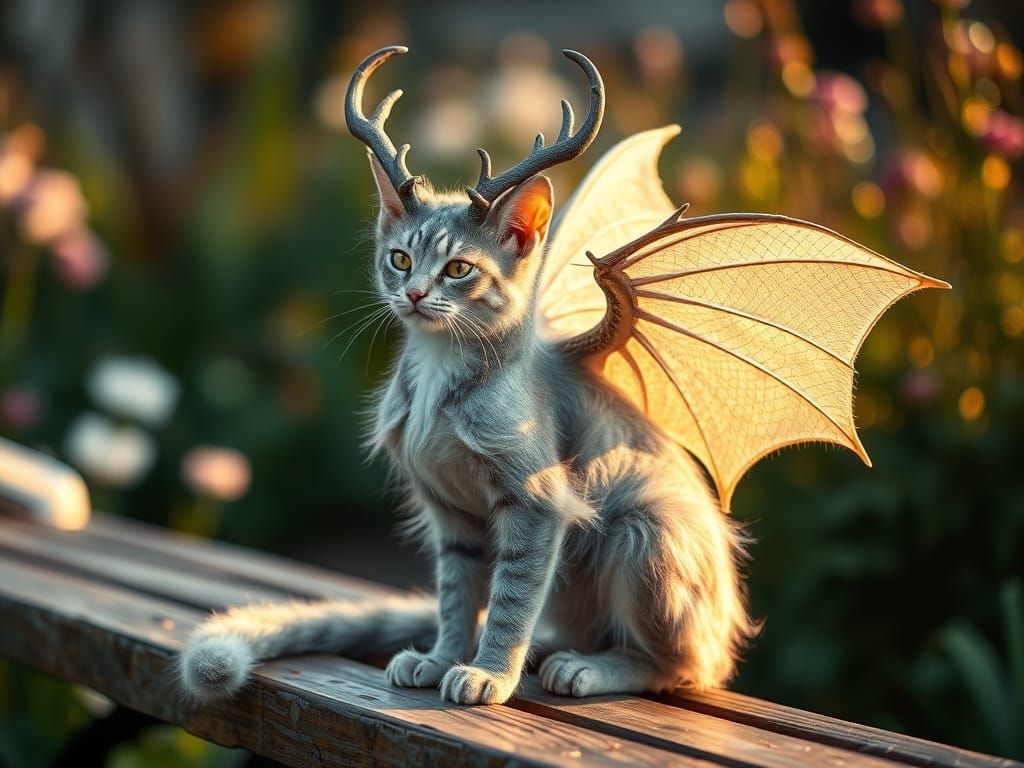 Whimsical Dragon Cat Basks in Spring Garden