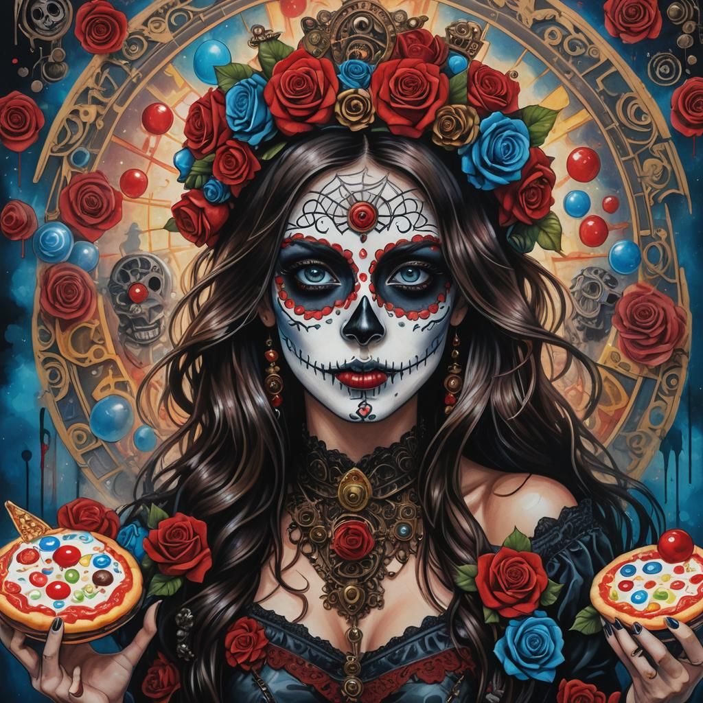 Day of the Dead Woman with Pizza, Ink Painting Style