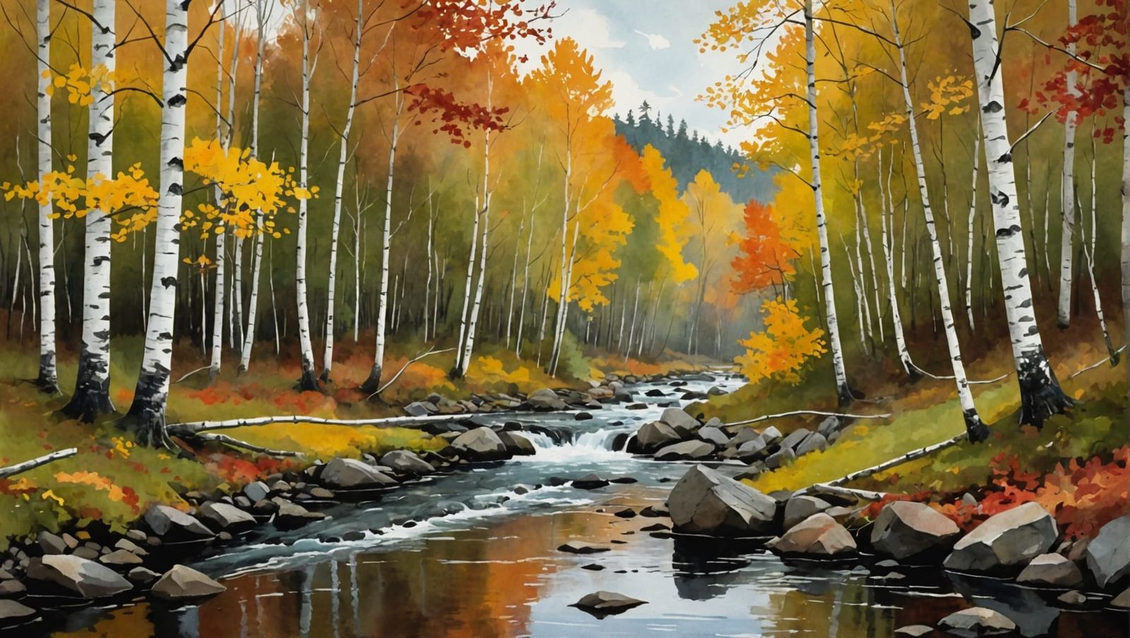 Watercolor Birch Forest Landscape in Autumn
