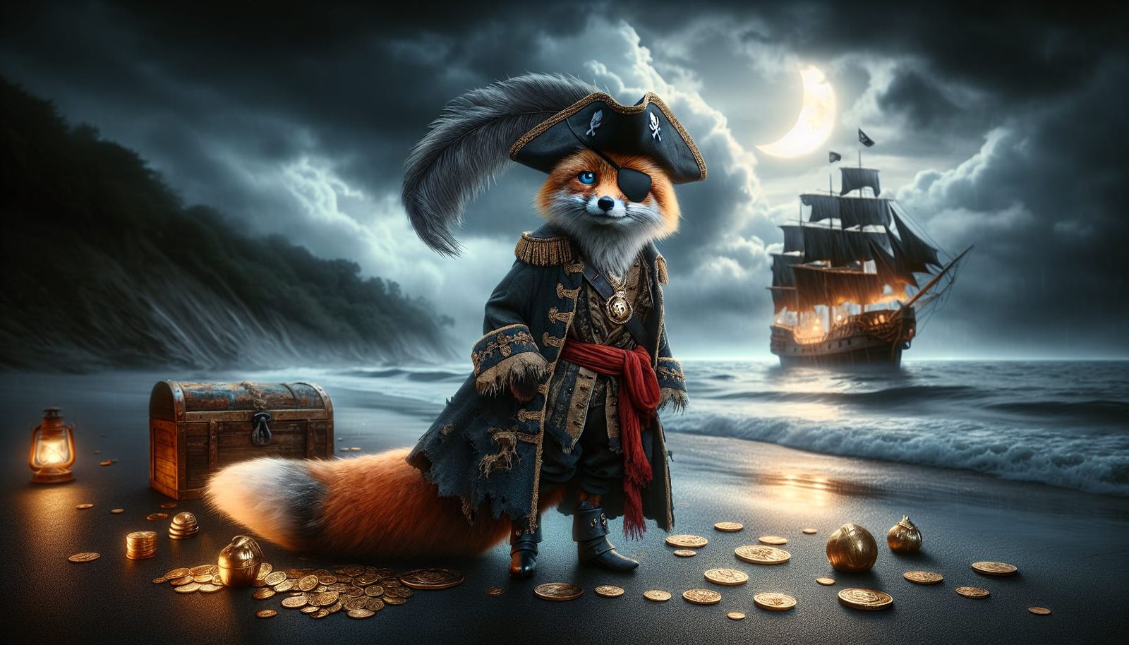 Pirate Fox on Moonlit Halloween Beach