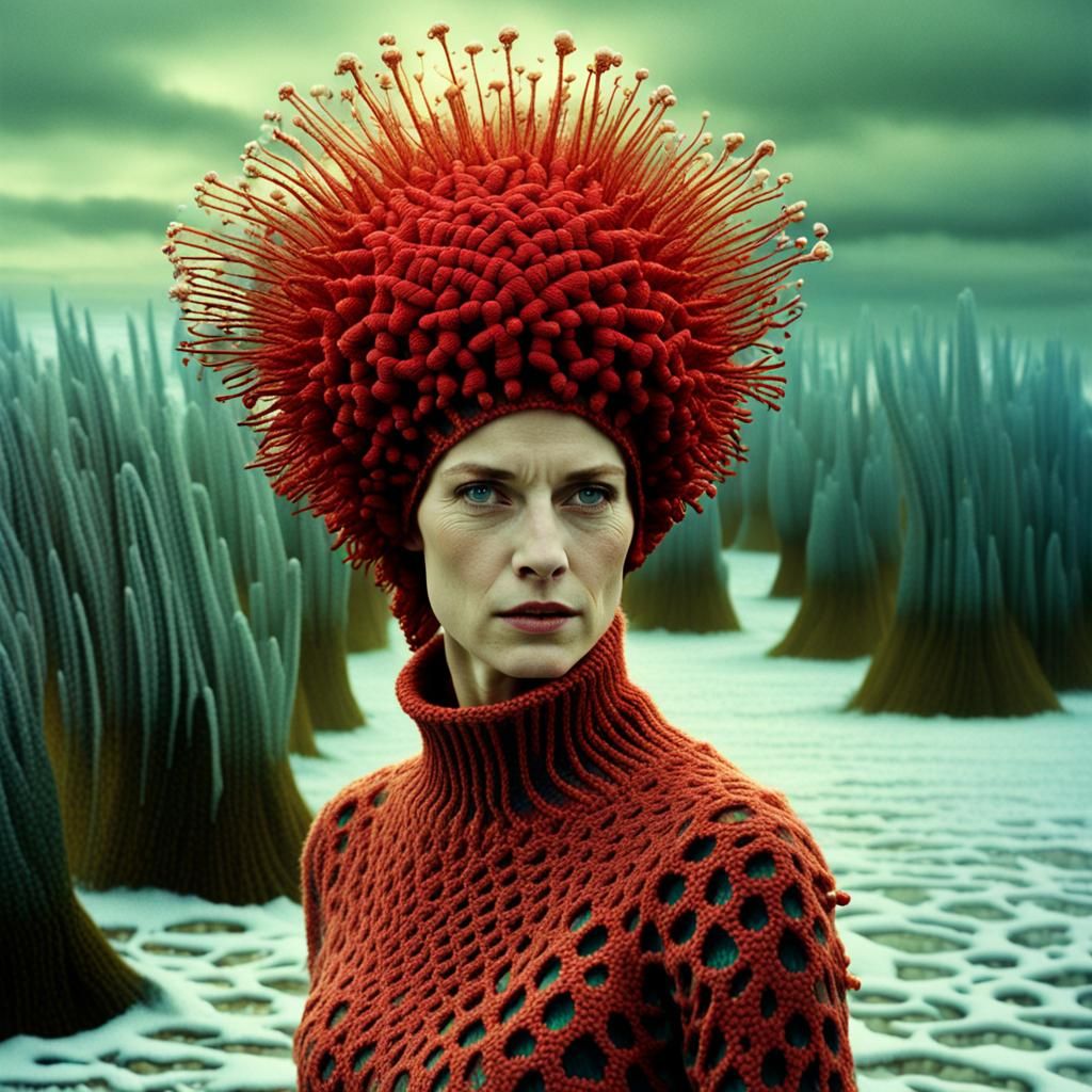 Dreamy Pastel Woman in Multicolour Fuzzy Sweater on Snowy Be...