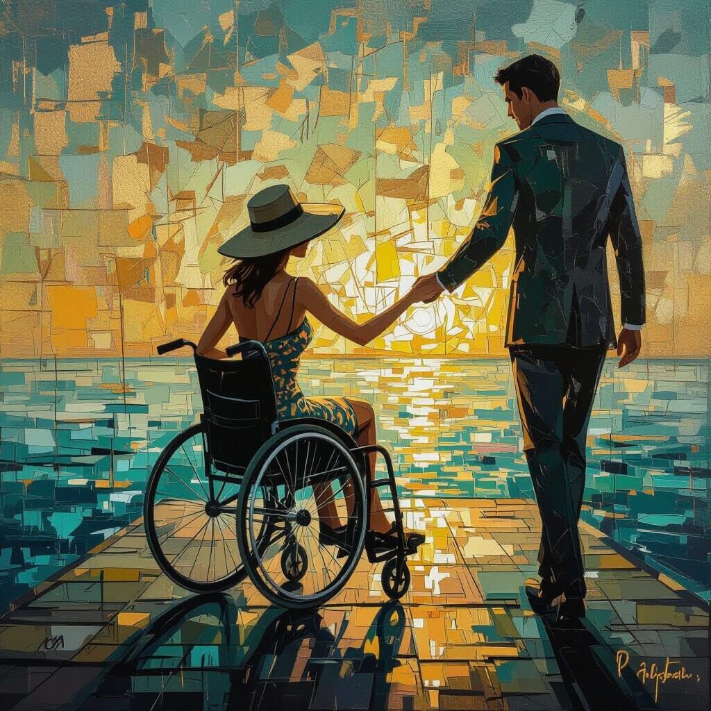 Sunset Serenade: Golden Pier Scene in Oil Paint