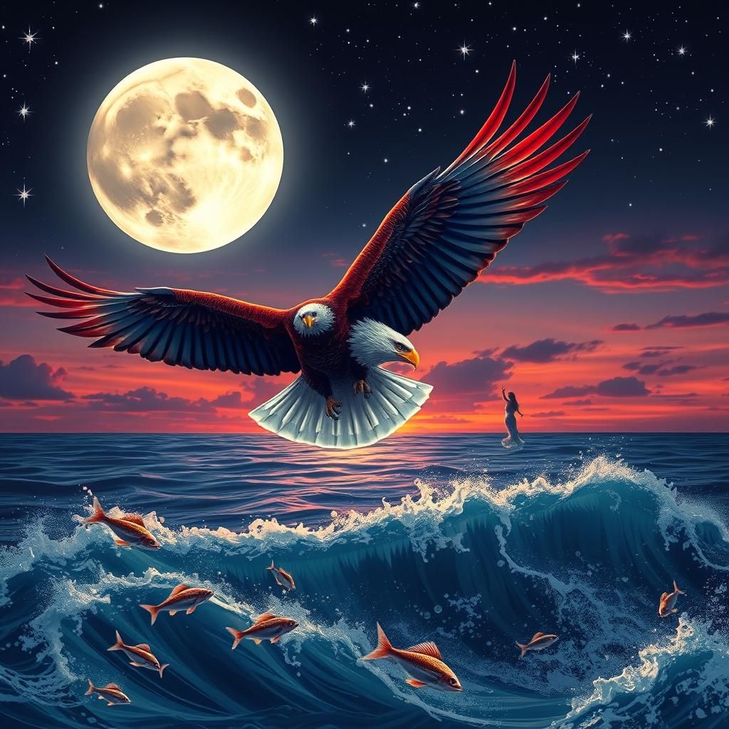 Red and Blue Eagle Soaring Under US Flag Moon