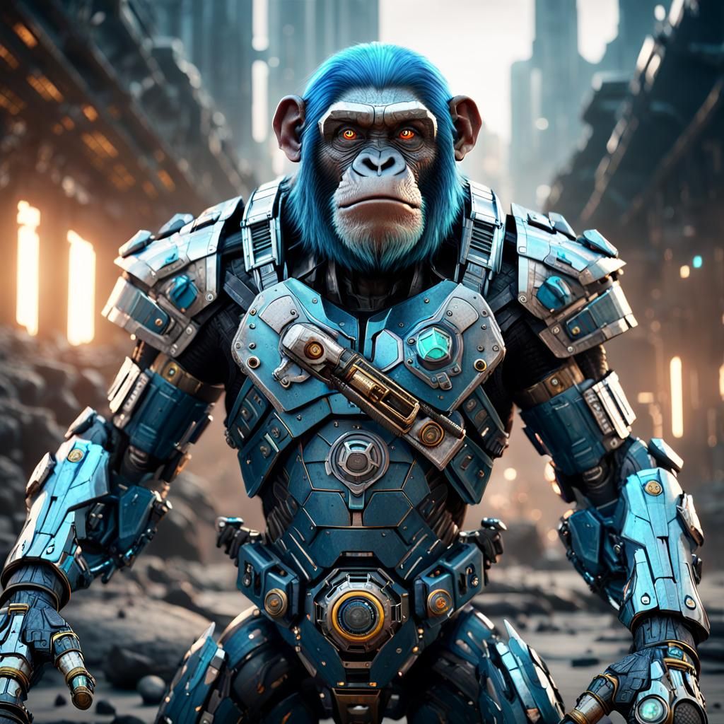 Futuristic Blue-Haired Chimp Warrior in Sci-Fi Armor