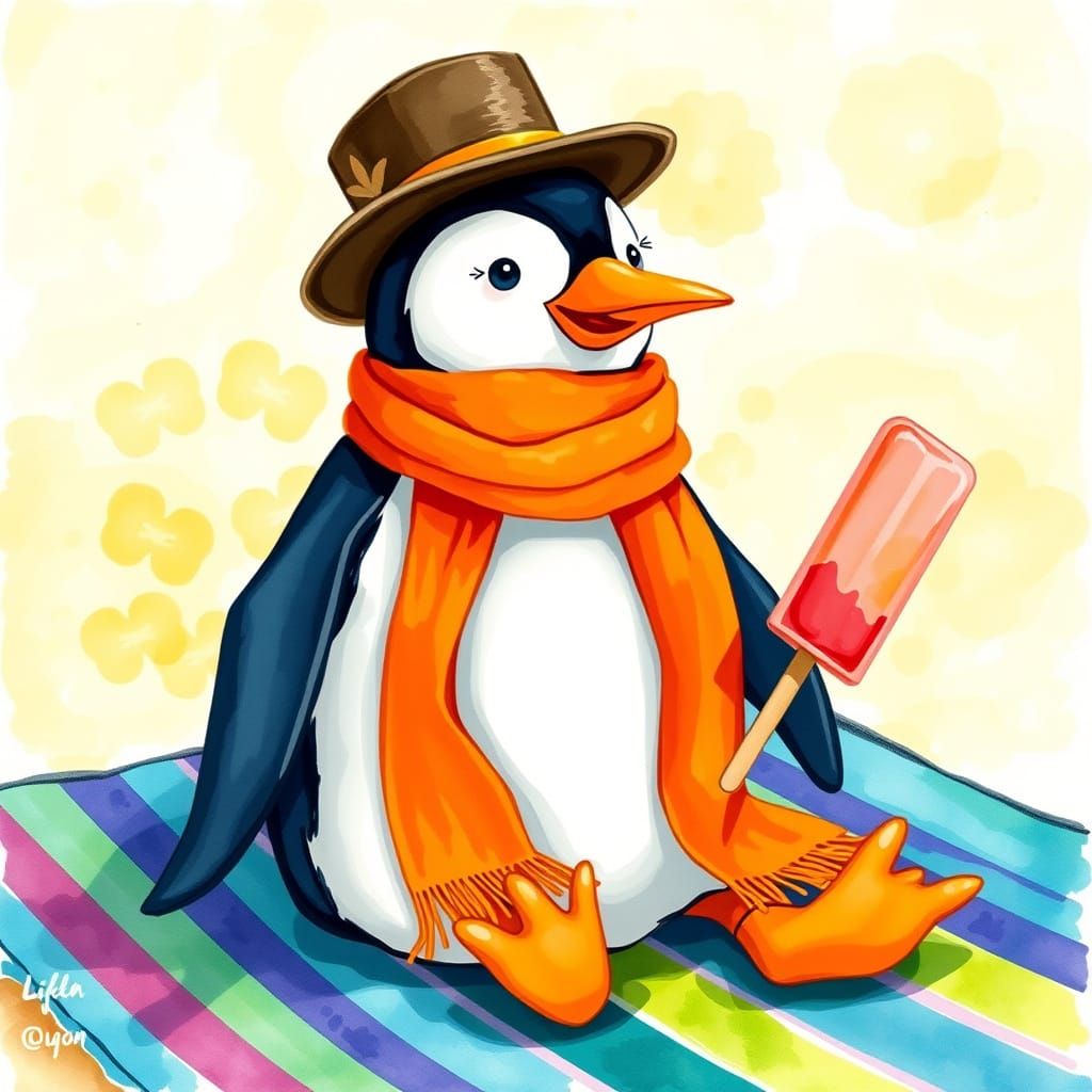 Penguin's Beach Day in Watercolor Style