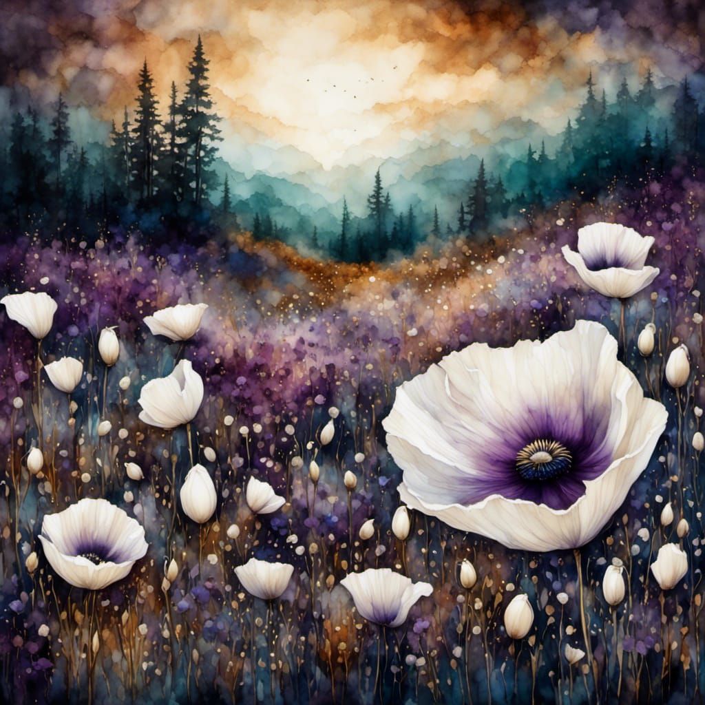 White and Purple Poppies with Golden Outlines