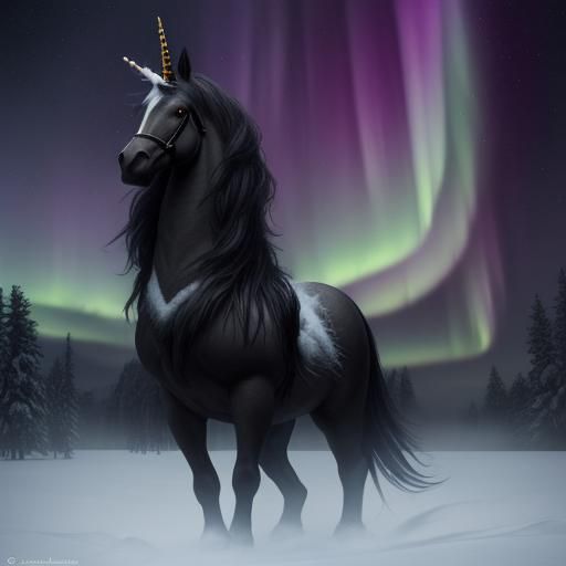 Raven Unicorn in Aurora Borealis Snow Forest