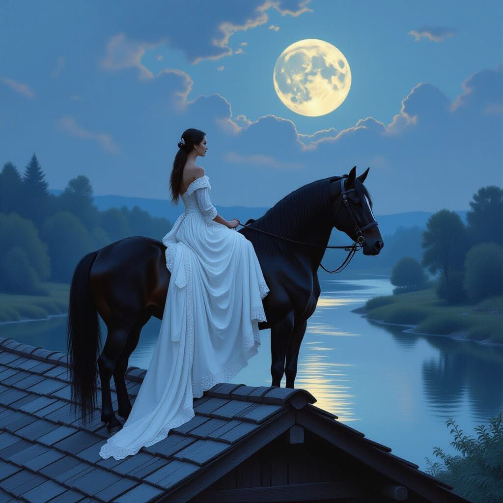 Moonlit Rooftop Serenity: Woman and Stallion