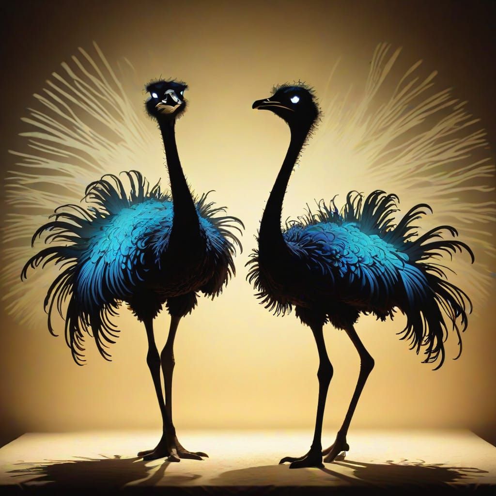FRONT-LIT Ostrich Shadow Puppets DANCING Fantasy, POLYCHROMA...