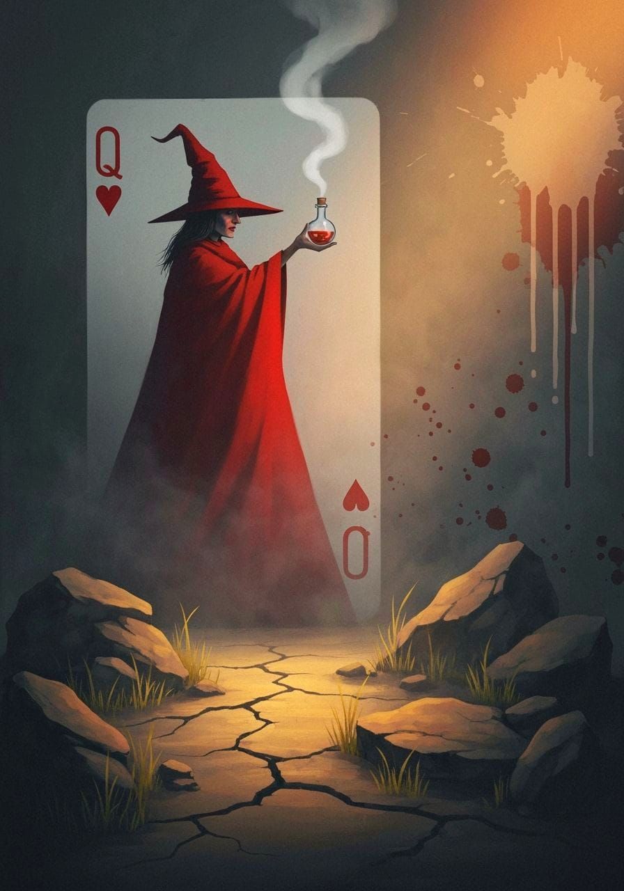 Queen of Hearts Witch in Ink Painting Style