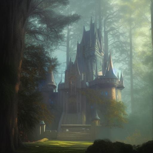 Astral Castle in Treetops: Mixed Media Illustration