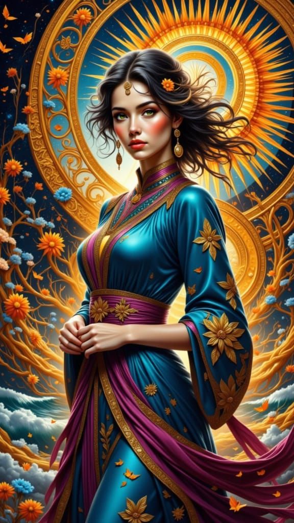 Sun Goddess with Two Perfect Hands in Wild Landscape Paintin...