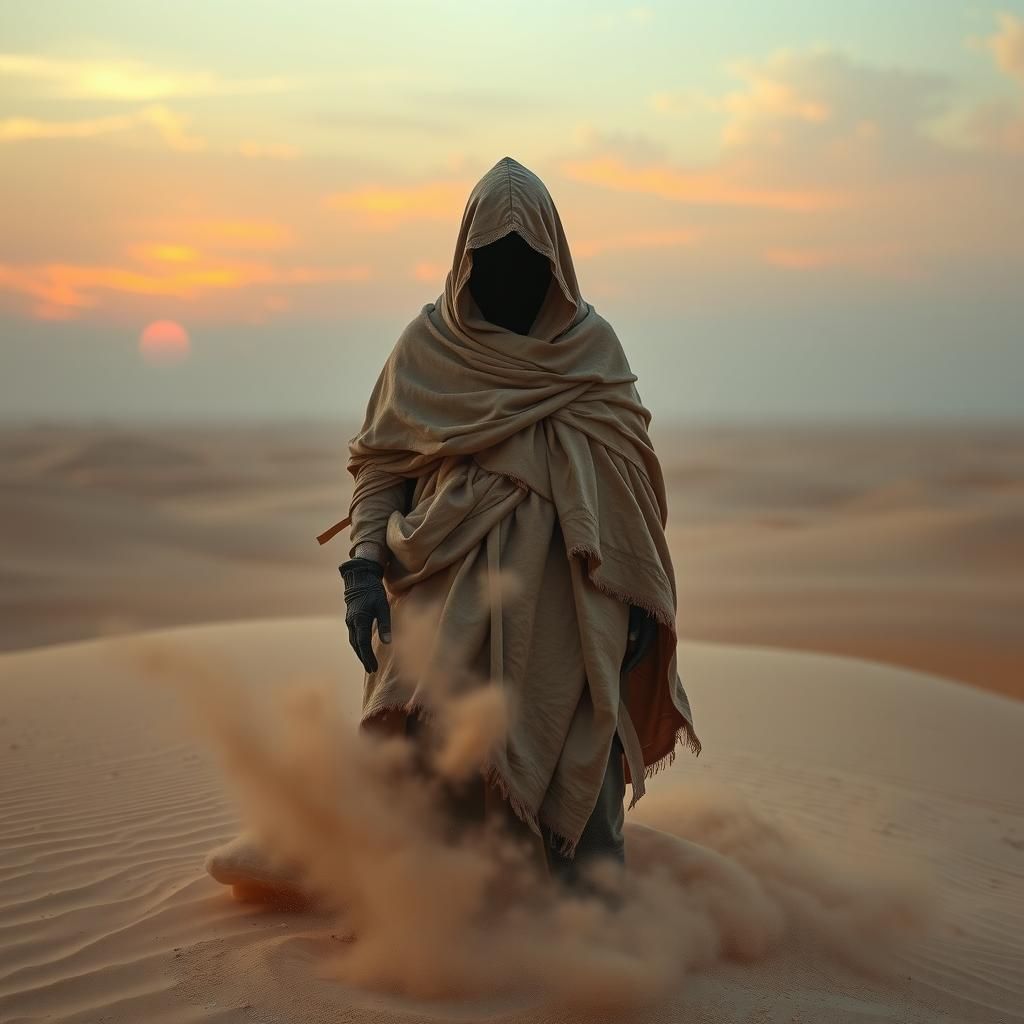 a hooded man in a desert. His body is disintegrating into sa...