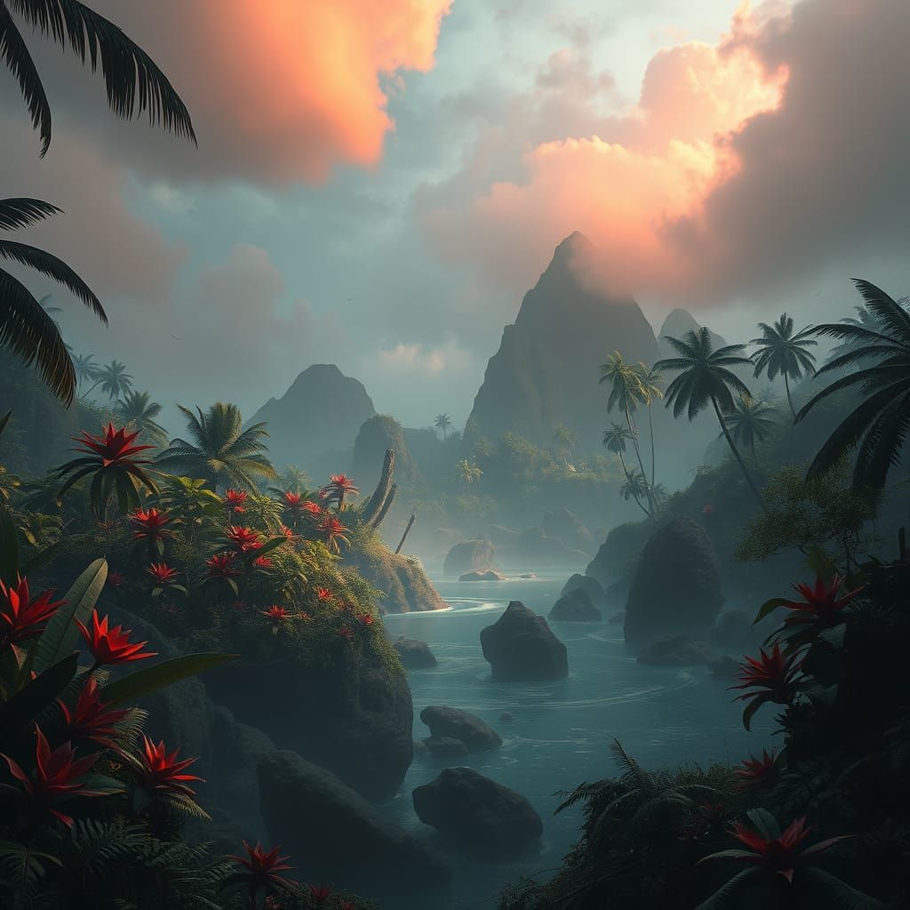 Mysterious Tropical Island in Dark Wonder Style