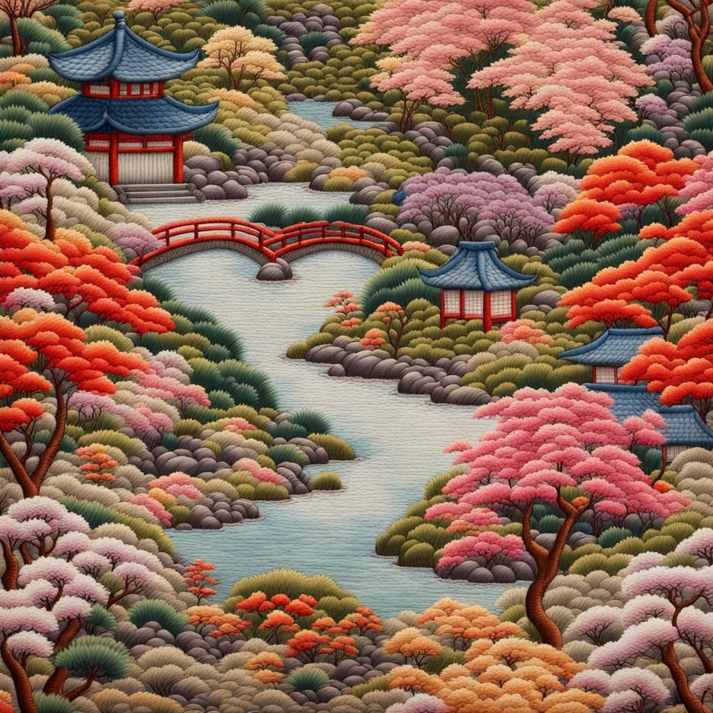 Detailed Japanese Spring Garden Embroidery