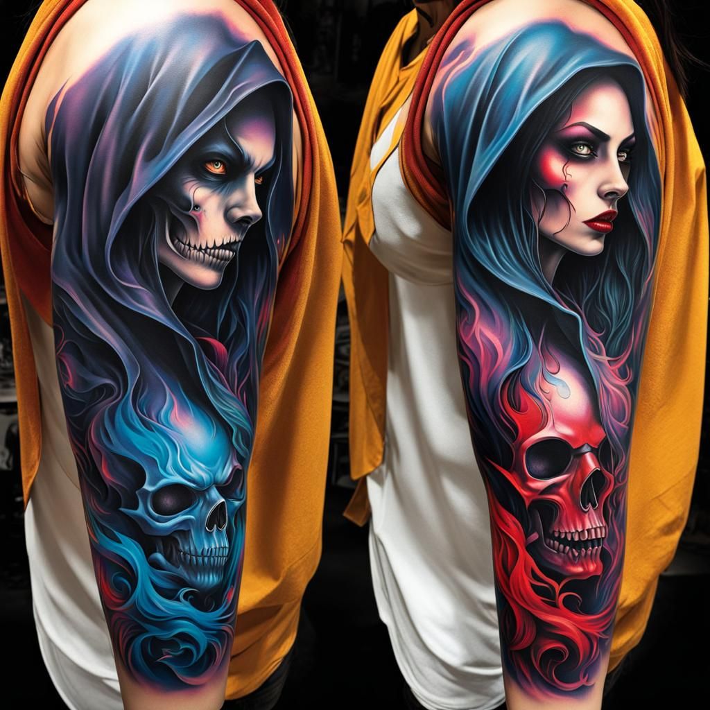 Grim Reaper and Vampires Tattoo Sleeve in Graffiti Art