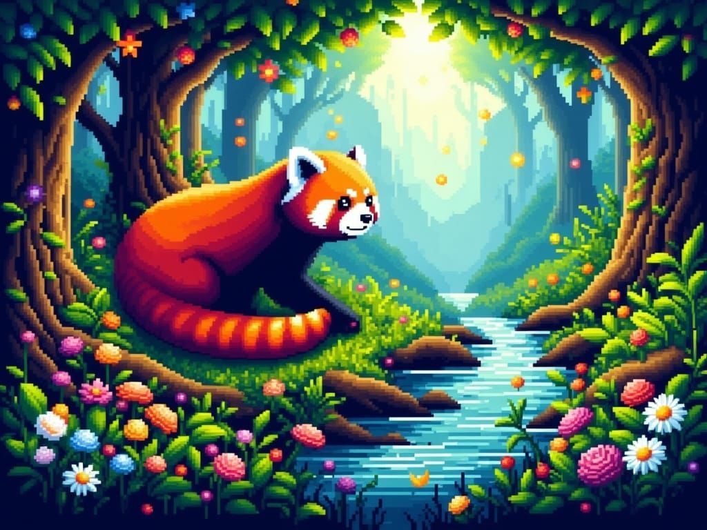 Pixel Art Red Panda in Ancient Forest