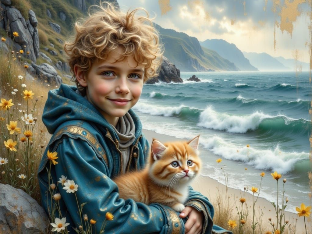 Boy and Kitten in Golden Sunshine by Teal Ocean