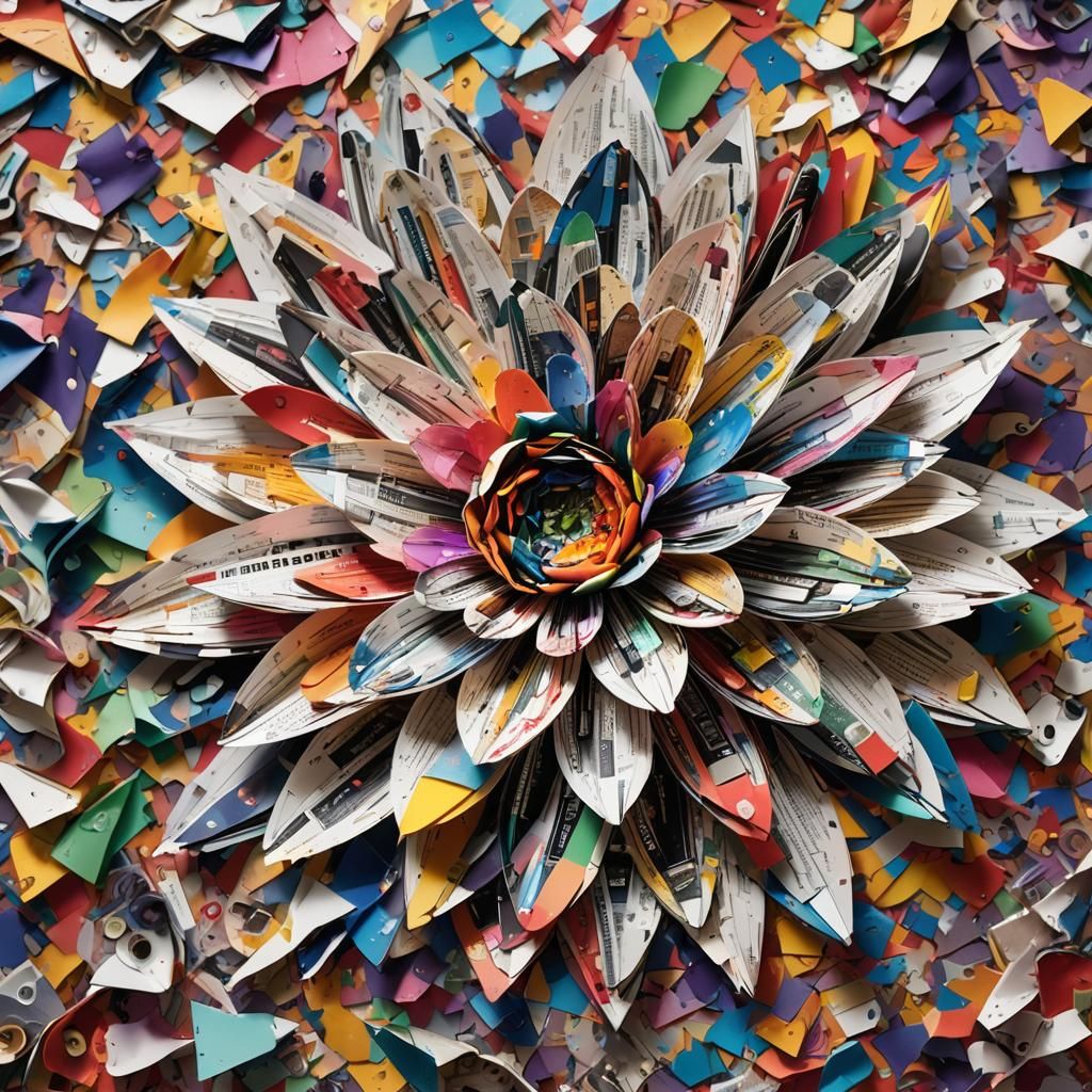 Hyperrealistic Flower Made from Torn Magazines