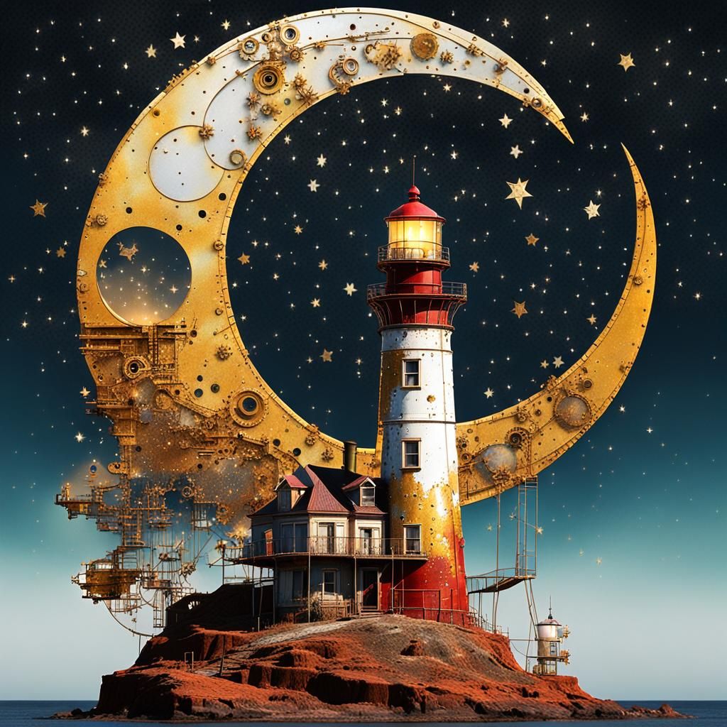 Surreal Steampunk Crescent Moon and Lighthouse