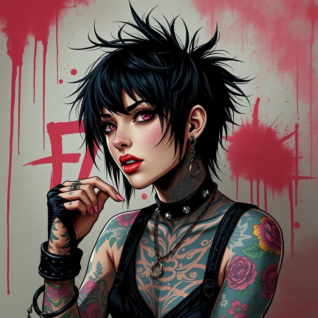Punk full body tattoos black hair piercings