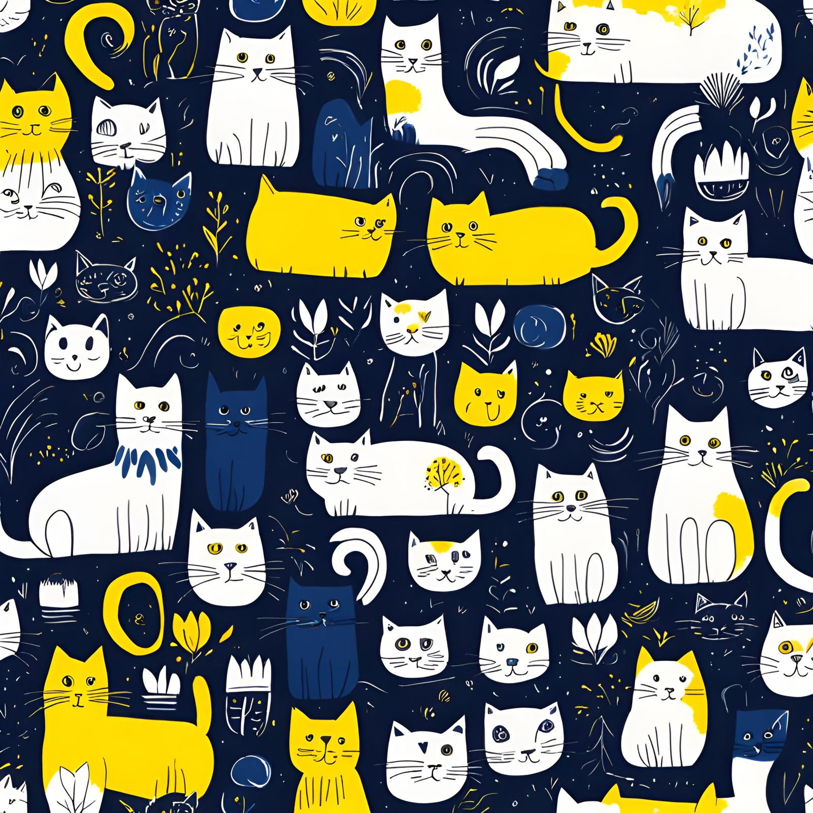 Childlike Cat Drawing in Black, White, Blue, and Yellow