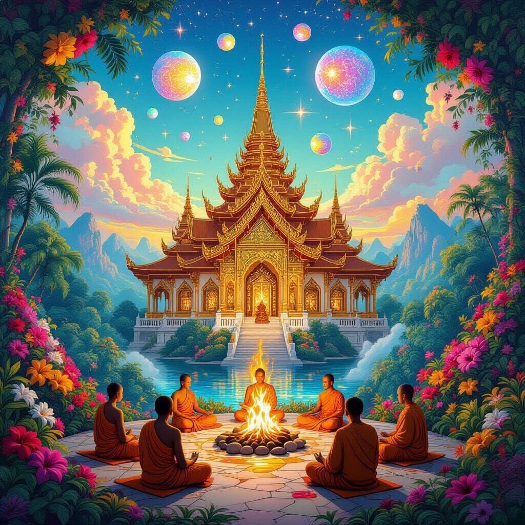 Monks Meditating at Futuristic Buddhist Temple with Floating...