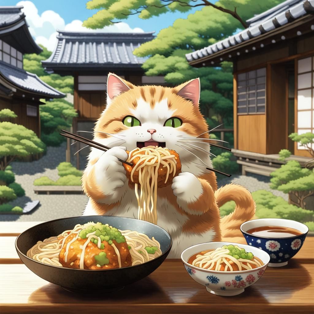 Anime Cat Eats Ramen in Kyoto Garden
