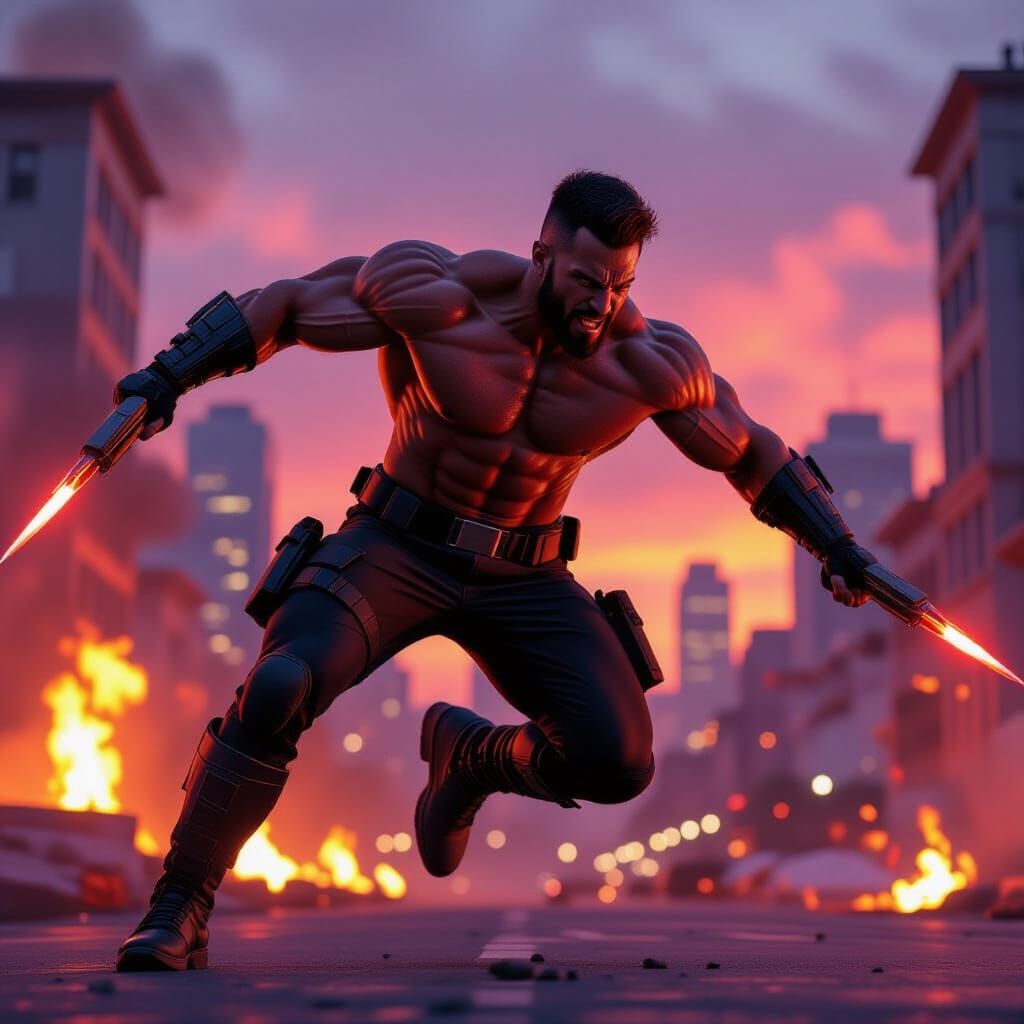 Muscular Hero Wields Futuristic Weapons in Burning Cityscape