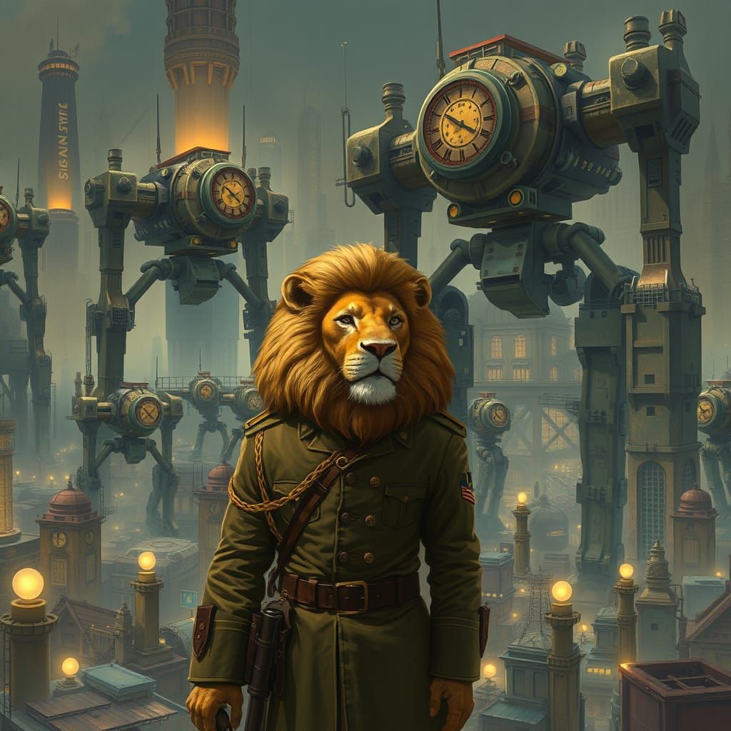Steampunk Lion Oversees Clockwork Robots in Gaslit City