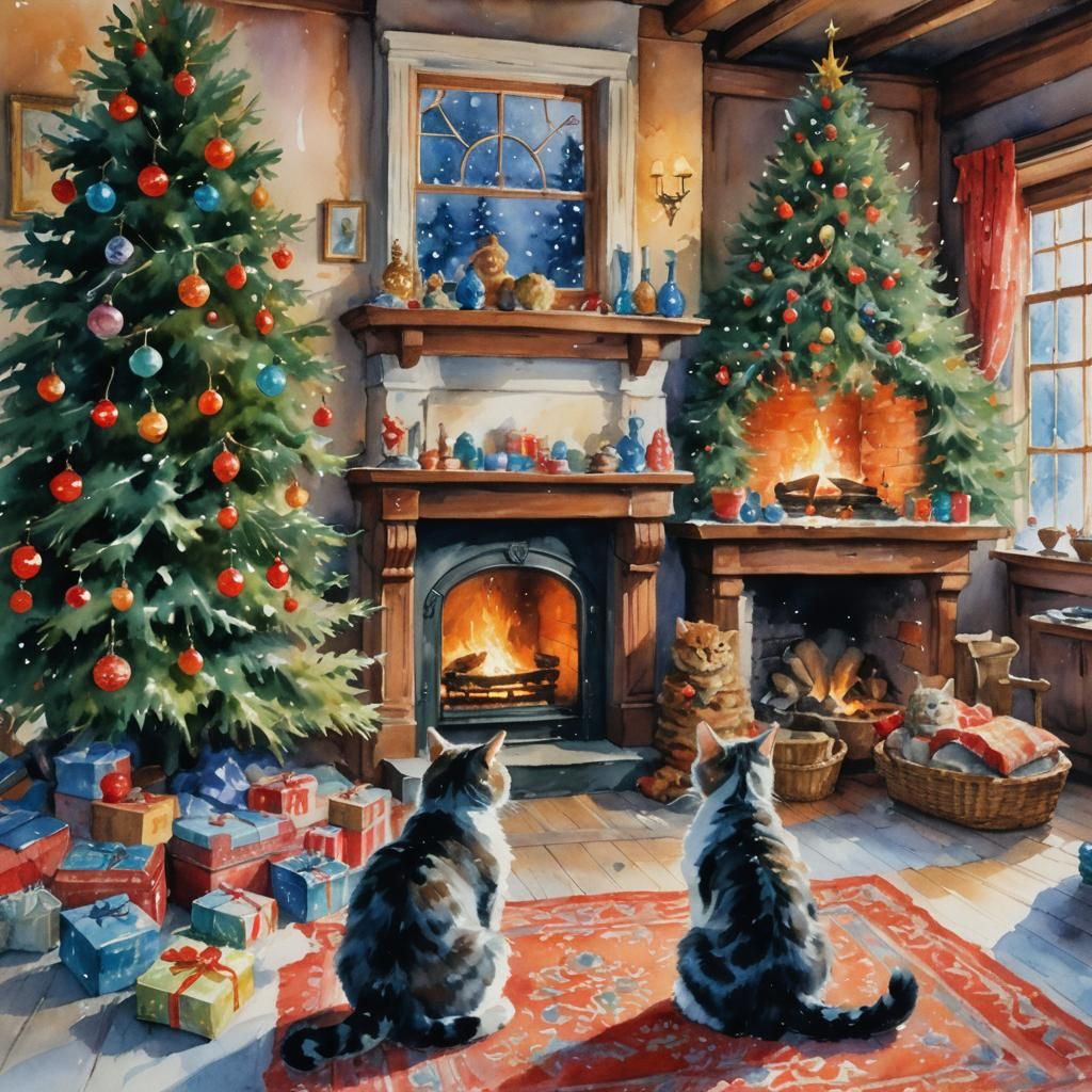 Cozy Christmas Cottage Interior in Watercolor Style