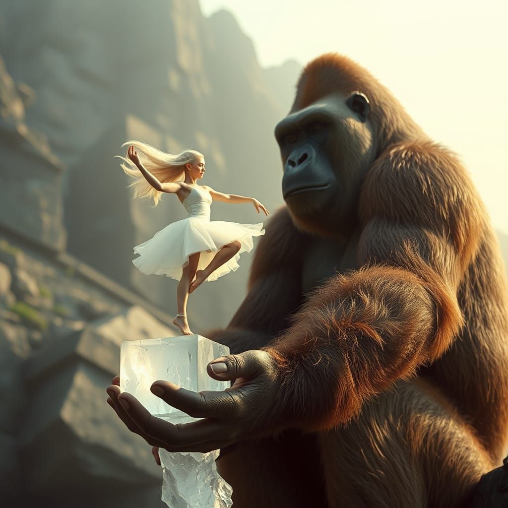 Ballerina and Gorilla in Mythical Fairytale, Photorealistic