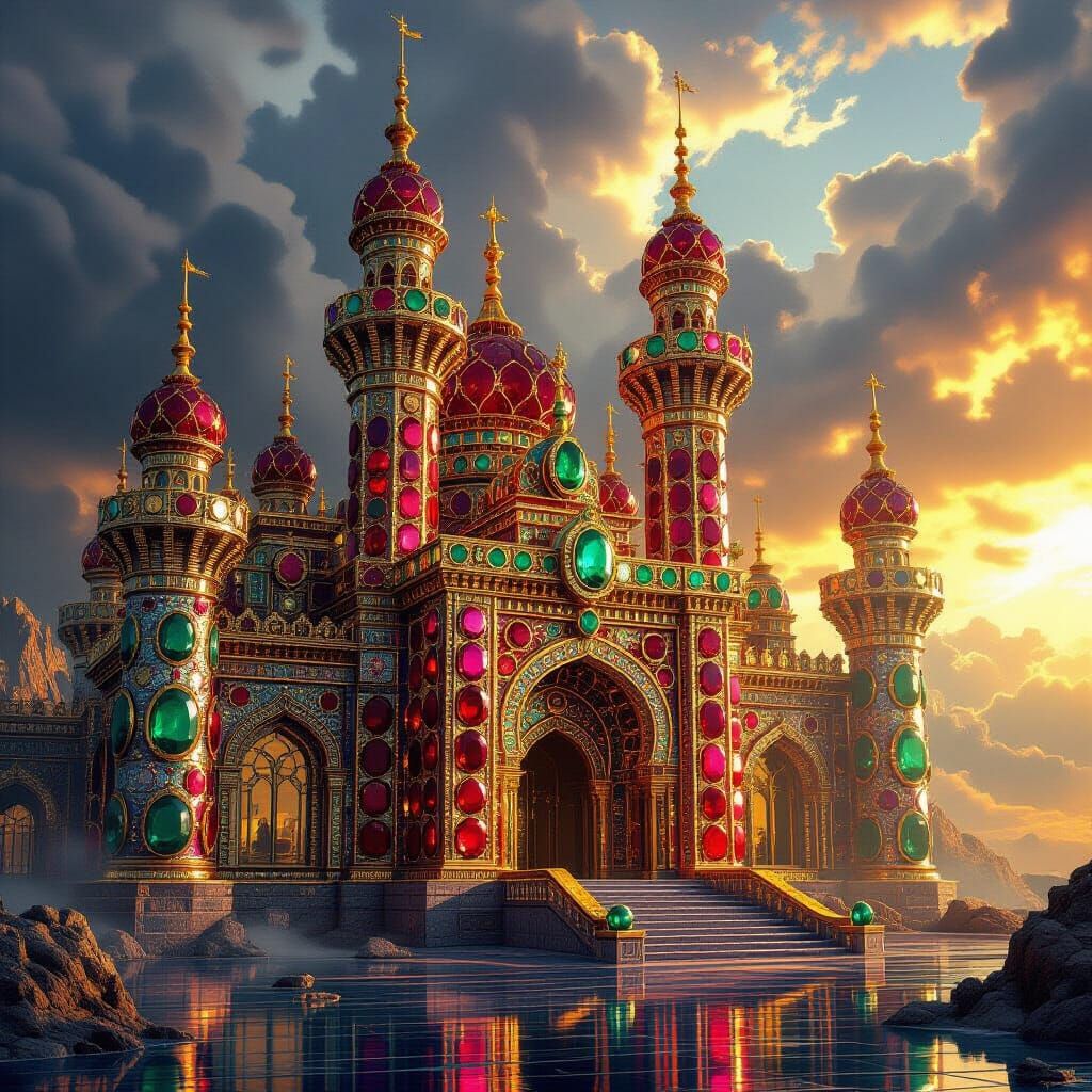 Gemstone Palace Amidst Stormy Skies